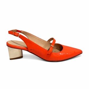 ANYI LU Orange Patent Leather Slingback Block Heels Size 39